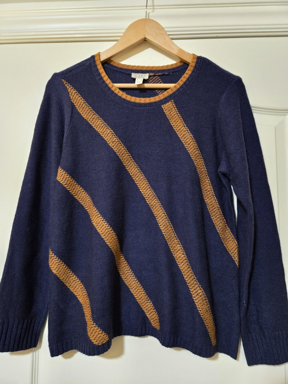 LOGO by Lori Goldstein Navy Sweater with Camel Diagonal Stripes Cozy Layering